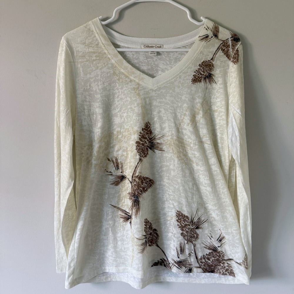 Coldwater Creek V-Neck Burnout Top White Brown Pine Cone Print L 14-16 Cabincore